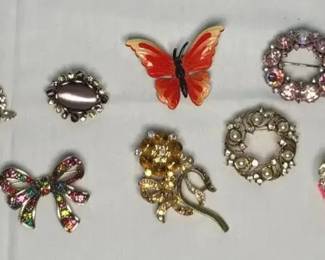 Vintage Brooch Lot of 8 Including Weiss & Monet Rhinestone Pins