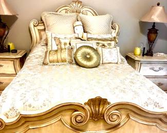 Luxe French provincial queen bed with shell motif
