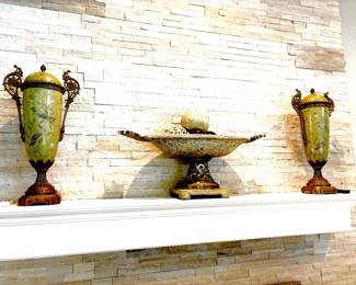 Vintage French ceramic and metal tall urns and centerpiece bowl