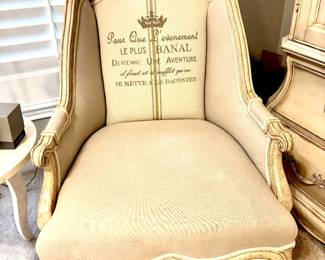 Pair Grand Bergere chair with decorative French script