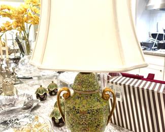 Pair ceramic lamps with gold handles
