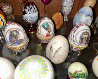 Assorted Decorative Eggs, including Faberge Style and Hinged Trinket Boxes