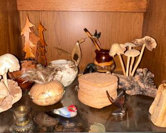 Hand-Carved Wood Mushroom Sculpture and Other Collectibles