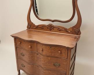 Tiger Oak Serpentine Front Dresser with Mirror