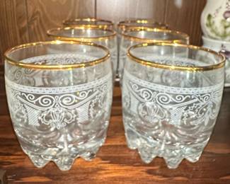 White Scroll Gold Trim Footed Tumblers