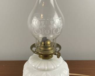 Milk Glass Oil Lamp Style Table Lamp with Floral Chimney