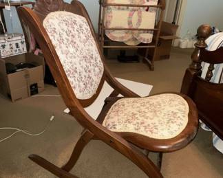 Victorian Folding Rocking Chair with Floral Upholstery