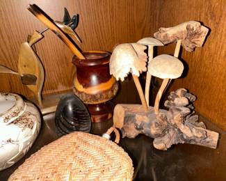 Hand-Carved Wood Mushroom Sculpture and Other Collectibles
