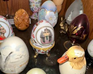 Assorted Decorative Eggs, including Faberge Style and Hinged Trinket Boxes