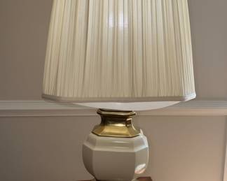 Stiffel Style Cream Porcelain & Brass Hexagonal Table Lamp