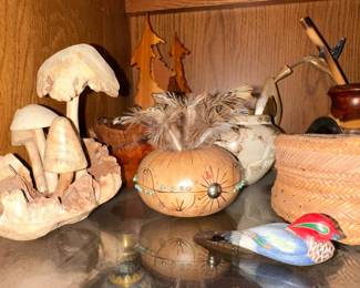 Hand-Carved Wood Mushroom Sculpture and Other Collectibles