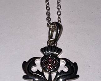 Sterling Silver Scottish Thistle Pendant Necklace with Red Stones
