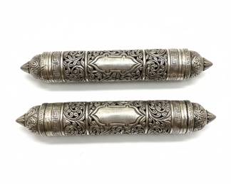 Ornate Silver-Plated Cylindrical Scroll Cases - Judaica / Scroll Holders