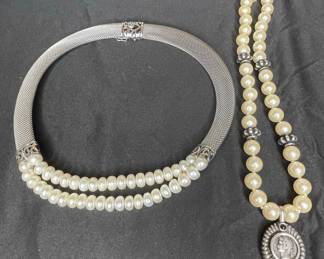 Silver-Tone Mesh and Pearl Necklace Set with Coin Pendant