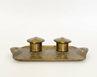Vintage Art Nouveau Brass Double Inkwell Desk Stand