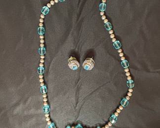 Sterling Silver and Blue Glass Bead Necklace and Earring Set