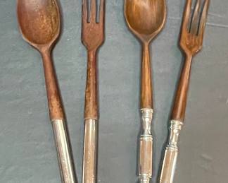 Vintage Sterling Silver and Wood Salad Servers