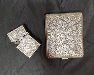 Vintage Italian 800 Silver Cigarette Case and Lighter Set with Hand-Engraved Foliaite Motifs