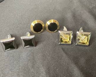 Vintage Gold-Tone Black Inlay Round & Silver-Tone Square Faceted Cufflinks