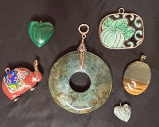 Vintage Pendants: Malachite Heart, Cloisonné Elephant, Jade Donut, Pumpkin Enamel, Picture Jasper Oval, and Green Stone Heart