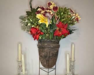 Rustic Metal Urn with Faux Floral Arrangement and Candle Holders