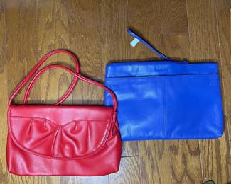 Vintage Red Gathered Leather Shoulder Bag and Blue Leather Clutch