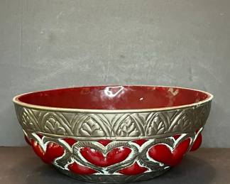 Vintage Indian Enamel and Metal Bowl with Heart Motif