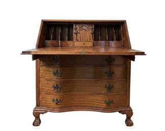 Vintage Mahogany Chippendale Style Serpentine Slant Front Desk