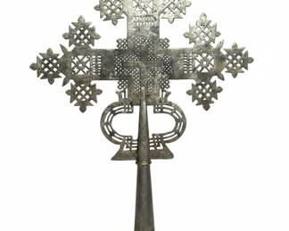 Large Ethiopian Coptic Processional Cross on Marble Base