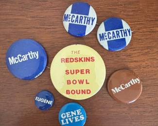 Vintage Eugene McCarthy 1968 Presidential Campaign and Washington Redskins Super Bowl Pinback Buttons