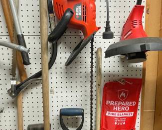 Black & Decker Corded Electric Pole Saw, Homelite String Trimmer, Shovel, and Fire Blanket
