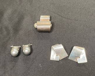 Modernist Sterling Silver Pearl Pendant & Earrings 