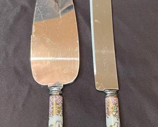 Sheffield England Floral Porcelain Handle Cake Server and Knife Set