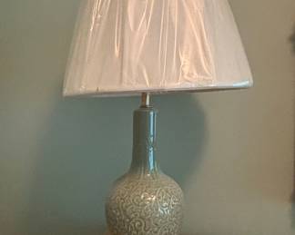 Vintage Celadon Ceramic Table Lamp with Floral Relief and Brass Base