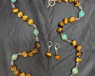 Tiger Eye and Turquoise Beaded Necklace and Earring Set
