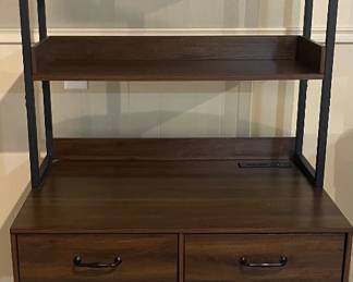 rustic brown wooden dog crate furniture piece that features a four-layer storage shelf, two drawers, and a built-in charging station