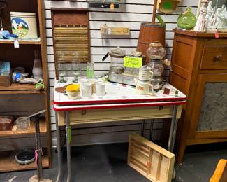 Wonderful enamel kitchen table and very old restaurant service coffee warmer with toaster