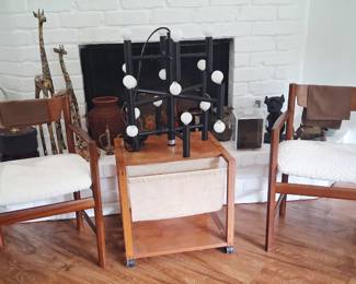 Pair mid century chairs and table. Cool hanging chandelier
