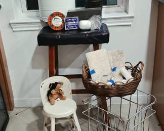 Antique egg basket, tins and packaging