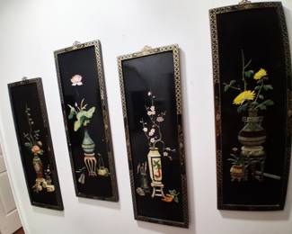 Set 4 vintage Asian black lacquered, soap stone wall plaques
