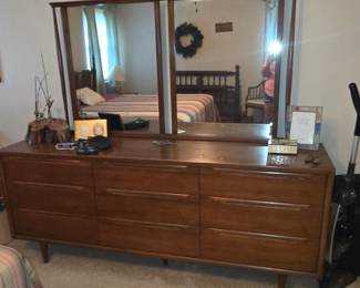 Huntley Midcentury Walnut Lowboy Dresser with 9 Drawers