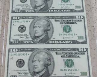 Uncut Sheet of $10 Star Notes