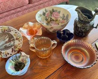 MC218Eclectic Collection Of Vintage Glassware Carnival Glass, Arthur Wood, Blue Sky And More