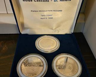 Bosie Cascade St. Helen's, three 1oz .999 silver coins