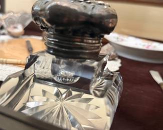 antique crystal glass, sterling silver repoussé inkwell