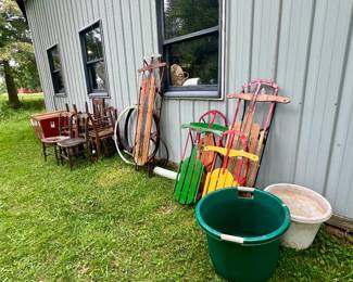 vintage sleds, chairs