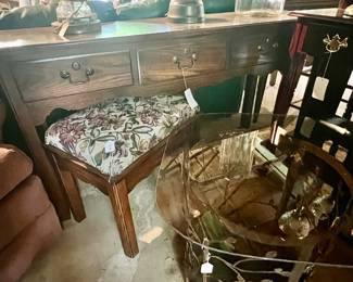 sofa table, small bench, glass top table