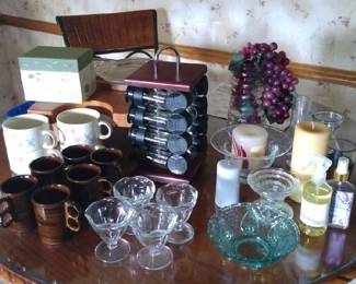 Miscellaneous Household Items - glassware, spice rack, mugs, candles
