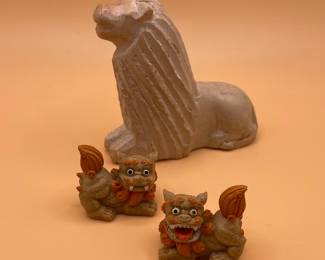 Soapstone Lion Sculpture and Pair of Okinawan Shisa Figurines
