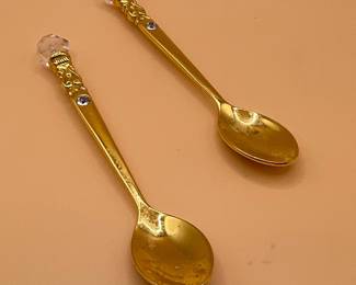 Gold-Tone Decorative Demitasse Spoons with Faux Crystal Finials and Inset Stones
